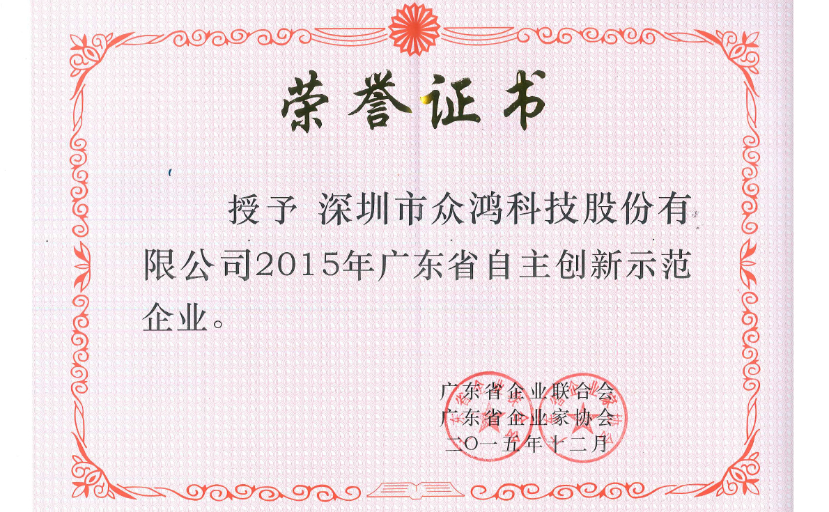 2015广东省自主创新示范企业证书